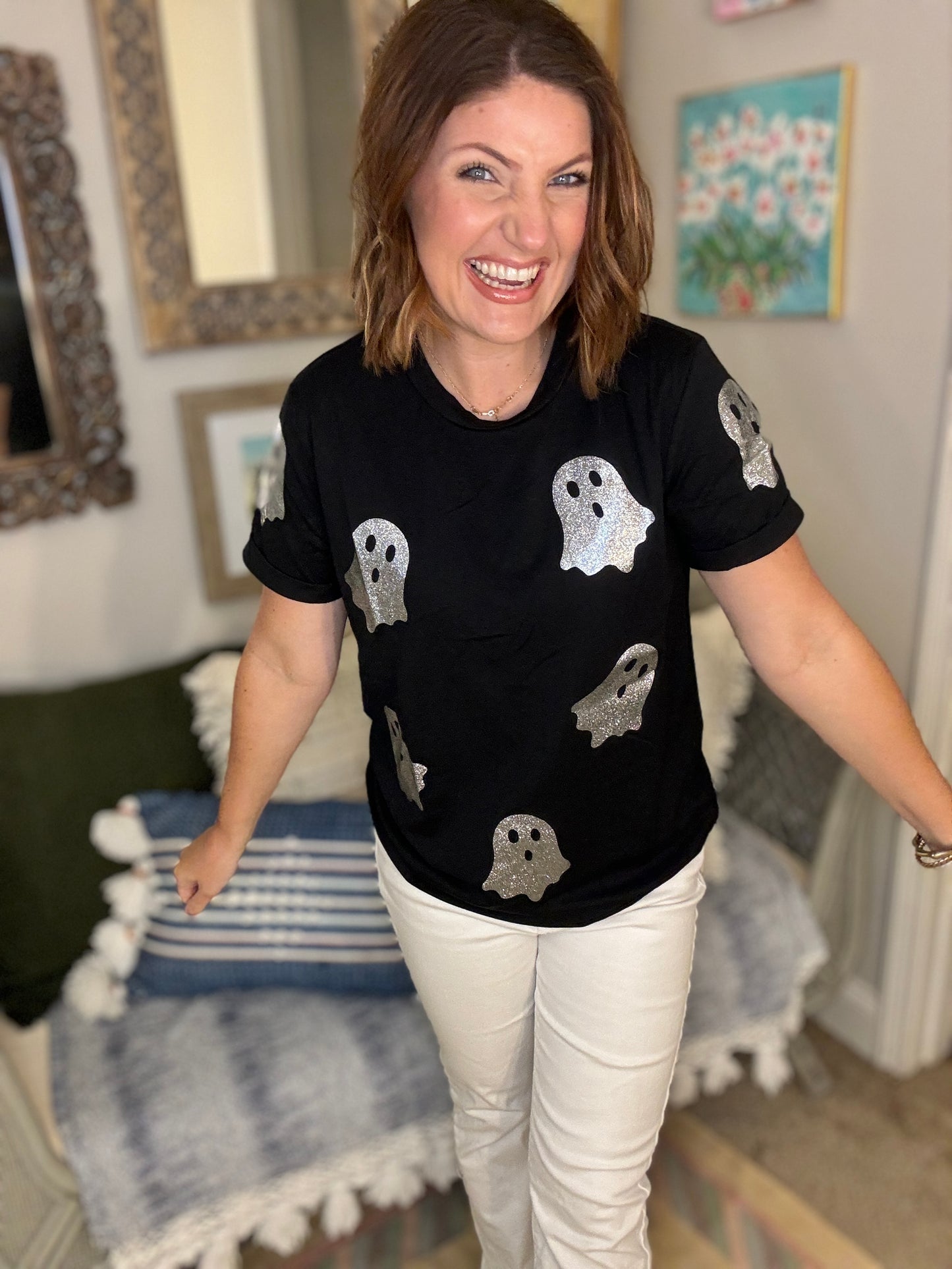 Black Glitter Ghost Pattern Crew Neck Halloween T Shirt